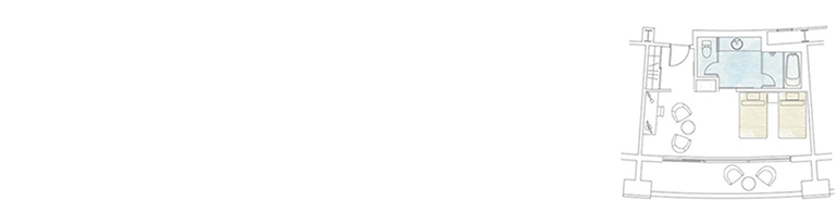 那覇港を望む開放的な空間 南国沖縄の趣を感じさせる開放的な客室。テラスの大きな窓から、昼は沖縄の空、夜は煌めく夜景を眺め、リラックスしたひとときをお過ごしください。2名様ご利用時の客室レイアウト