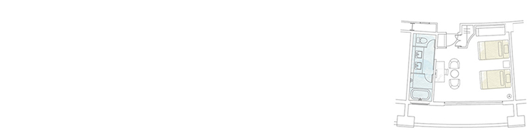 客室で温泉を心ゆくまで満喫 24時間いつでも天然温泉を満喫できるビューバスルームが自慢。上質なインテリアと充実のアメニティで、大切な人とのプライベートタイムをご堪能いただけます。2名様ご利用時の客室レイアウト